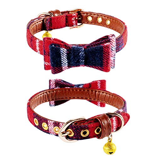 Image of EXPAWLORER Dog Collar and Leash Set - Classic Plaid Dog Bow Tie and Dog Bandana Collar with Bell, Dog Leash Tangle Free, Adjustable Collars for Small Medium Large Dogs Cats, Holiday Ideal Gift