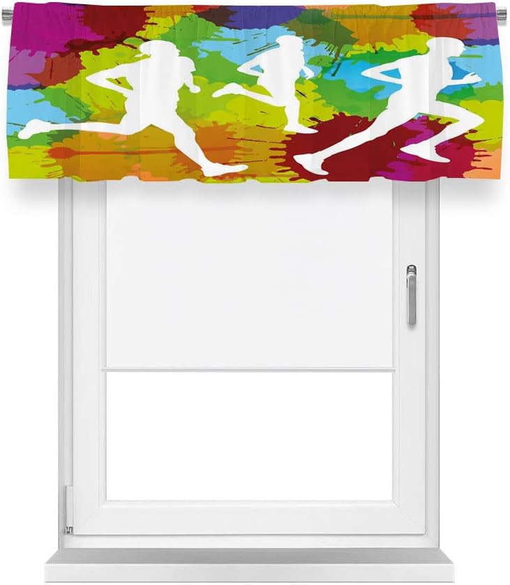 Blackout Window Curtains, Fitness Blackout Window Curtains Ombre, Watercolor Runners Jogging Outdoors Sportsman Marathon, 50"W x 18"L, For Living Room, Bedroom, Kitchen, Bathroom, Multicolor