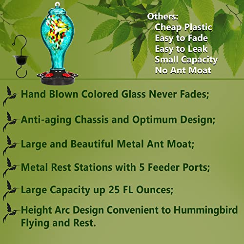 Lujii Hummingbird Feeder For Outdoors, Hand Blown Glass Humming Bird Feeder, Anti Fade Leakproof With 25 Ounces Nectar Capacity, Easy To Install Clean Refill, Include Hook & Ant Moat (Teal) #TOP4