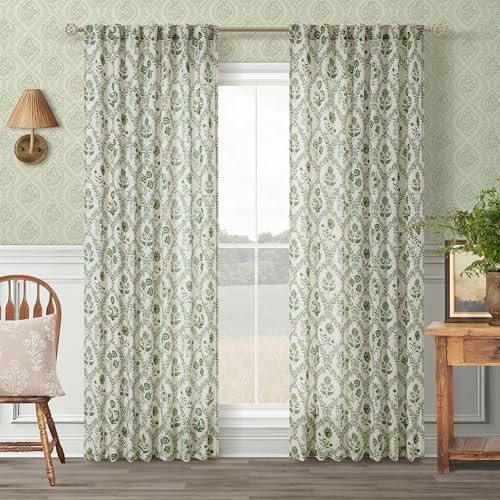 Image of Olive Green Floral Linen Curtains 80 Inch Length 2 Panels for Living Room