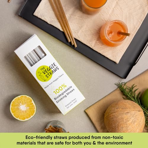 Image of The Veggie Straws - 100 PCS of 8.25 Inches Individually Wrapped Biodegradable Straws - Made of Vegetable Fibers, Best Environment Friendly Drinking Straws for Hot and Cold Beverages