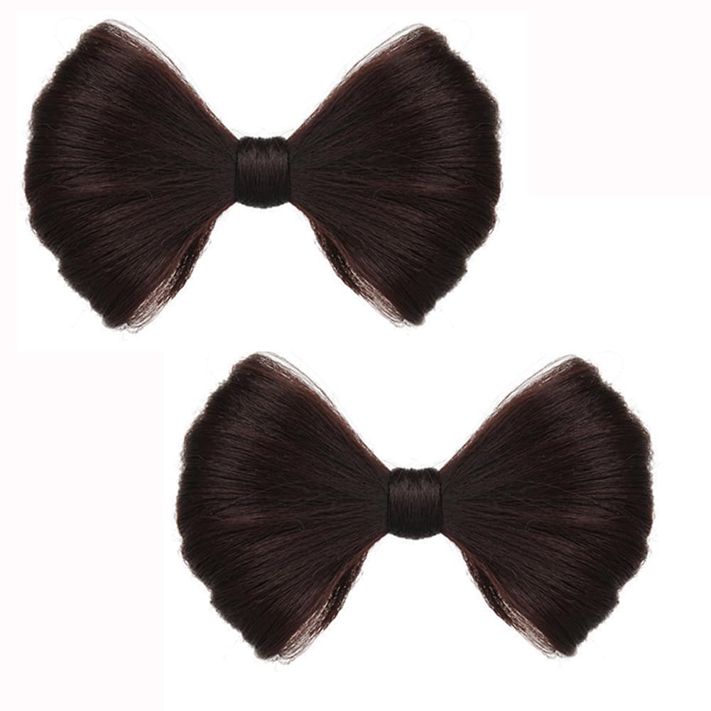 2PCS Bowknot Wig Clips with Fake Hair Buns Hair Extensions Clips for Women Girls (Dark Brown), SN, 1 count (Pack of 2)