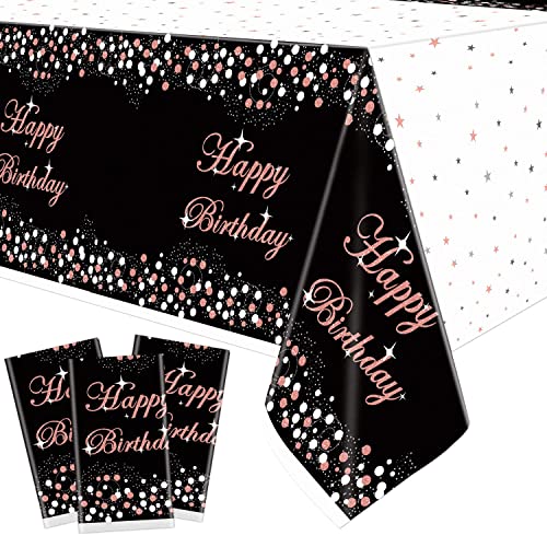 Lot de 3 décorations de fête en nappe noire et or rose - Nappe d'anniversaire jetable en plastique, couverture de table rectangle de, nappes 51 "x 86" pour les fournitures de fête d'anniversaire Cover