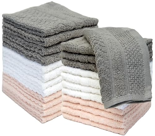 Image of Pleasant Home Chevron Wash Cloths Set - 12 Pack (12 inch x 12 inch) - 509 GSM - 100% Ring Spun Cotton Wash Cloth - Super Soft and Highly Absorbent Face Towels (Light Grey, White & Pink)