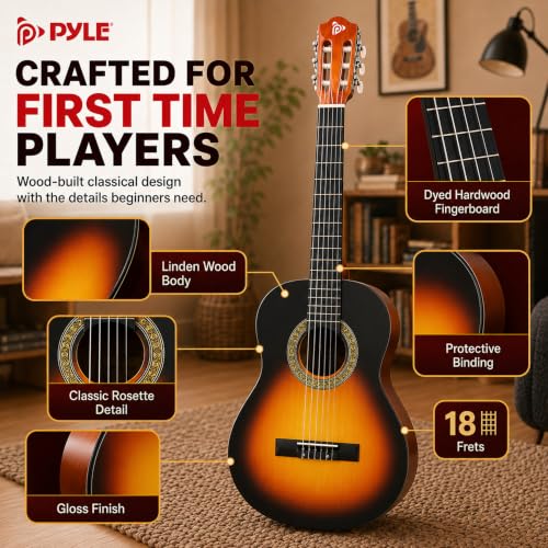 Image of Pyle Beginner Acoustic Guitar Kit, 1 /4 Junior Size All Wood Instrument for Kids, Adults, 30 inch Sunburst Teardrop Matte