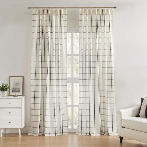 Central Park Charcoal Black Plaid Pinch Pleat Semi Sheer Curtain, 40"x95"x2