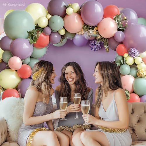 Image of Dusty Green Purple Pink Balloons Arch Kit, Double Stuffed Pastel Balloon Garland with Lavender Lilac Yellow Green Red Latex Balloons for Birthday Baby Shower Wedding Anniversary Decorations.