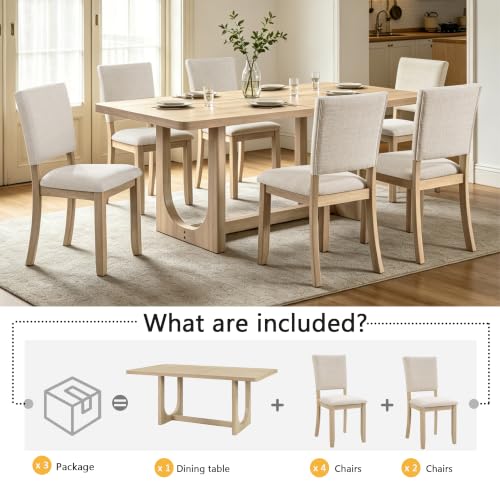 Image of KEIKI 7-Piece Standard Height Dining Table Set with Rectangular Table, 6 Upholstered Curved Backrset Chair, for 6 Person, Modern Style Table Set, Easy Assembly, for Kitchen, Dining Room, Light Oak