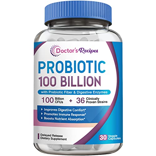 Doctor's Recipes Probiotics for Women & Men, 30 Caps 100 Billion CFU 36 Strains, with Organic Prebiotic Fiber & Enzymes, Digestive Immune Absorption, Shelf Stable, Delayed Release, No Soy Gluten Dairy