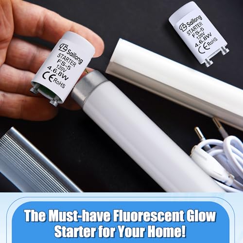 Saillong 8 Pack White Fluorescent Starter for Use with 4-40W Preheat Fluorescent Lamps, CE Certified Fluorescent Tube Neon Starter Use in 110-130V (F S-2/s2)