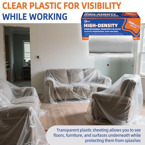 Image of High-Density Plastic Sheeting Roll 9 ft x 400 ft, 0.35 Mil Clear Painter's Plastic Drop Cloth for Paint Overspray, Dust & Renovation Protection - Floor, Furniture & Window Cover