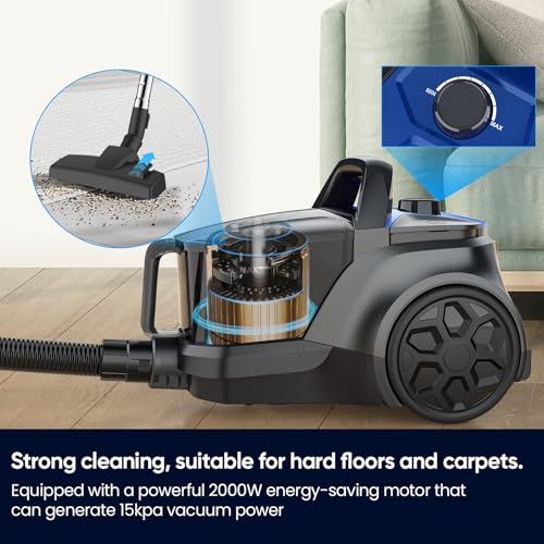 2000 W Aspirapolvere Senza Sacchetto, 22 Kpa Forte Aspirazione, Potente Aspirapolvere Con Contenitore Per Polvere 3L, Spazzola Turbo, Silenziosa, Lunghezza Linea 5 M, Per Camera Da Letto Pulizia - 6