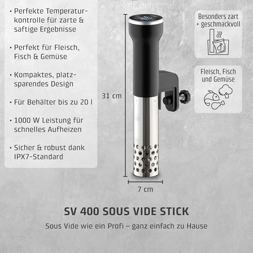 CASO SV400 Sous Vide Stick, Testsieger Haus & Garten Test für Behälter bis 20l Volumen, 25-90°C in 0,5°C Schritten, IPX7, platzsparendes Design