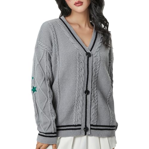 Image of Women's Long Sleeve Cardigan V Neck Stars Button Down Oversized Open Front Sweaters Casual Cable Batwing Knitted Coat