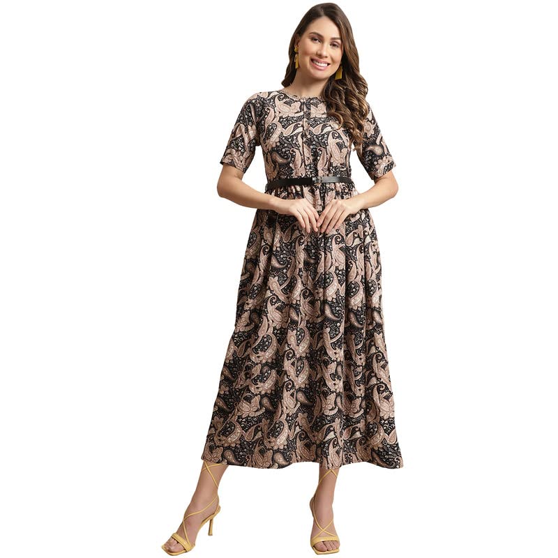 Preneum Women’s Georgette Floral Printed 3/4 Slevees A-Line Fit & Flare Gown with BeltIndo-Western Ethnic Gown || A-Line Maxi Dress Casual Wear || Fit & Flare Flared Hem Design