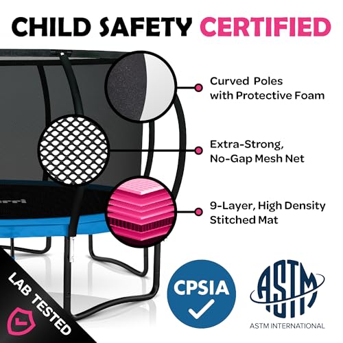Image of JoyBerri Upsurge Trampoline Outdoor - ASTM Certified Safe 8Ft 10Ft 12Ft 14Ft 15Ft 16Ft Recreational Trampoline for Kids and Adults. Anti-Rust Coating with Enclosure Net, Ladder, Sprinkler & LED Lights
