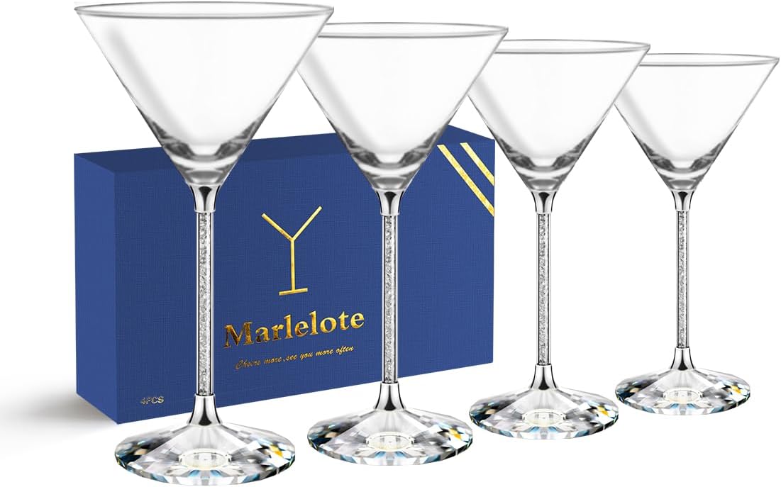 Martini Glasses set of 2,Silver Diamonds,Crystal Wine Glasses,Large and Fancy Cocktail Glass.Champagne Glasses,10oz,For Bar,Family Gatherings,Unique Gifts. (4, Silver) Silver 4