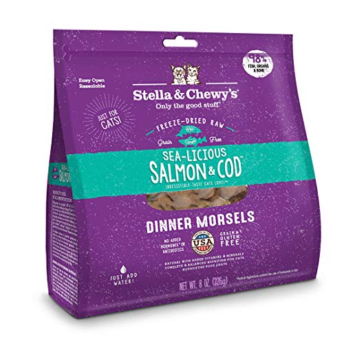 Stella & Chewy's Pouch Freeze-Dried Raw Sealicious Salmón y Bacalao Cena Morsels Grano Alimento para Gatos sin Grano, Bolsa de 9 oz