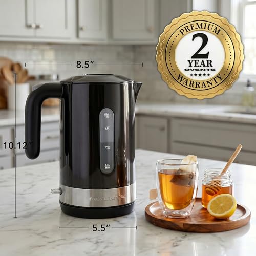 Image of OVENTE 1.8L Electric Kettle, BPA-Free with Easy-Fill Lid, Black KP413B | 1500W Fast Boiling Water Heater, Auto Shut-Off, Boil-Dry Protection, 360 Swivel Base, Clear-View Window, Removable Filter
