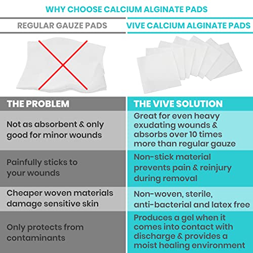Vive Care Calcium Alginate Dressing - 4X4 Medical Gauze Pads - Highly Absorbent Sterile Patches - Wound Care For Ulcer, Bed Sore, G Tube And Diabetic Foot - Individual Non-Stick - Burn Healing (4In) #TOP4