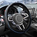 UNLRAE Steering Wheel Cover,Car Accessories 14.5-15 Inch Leather Steering Wheel Cover,Anti-Slip Breathable Microfiber Leather Covers,Warm in Winter and Cool in Summer,Fit for Suvs (Black-Blue)