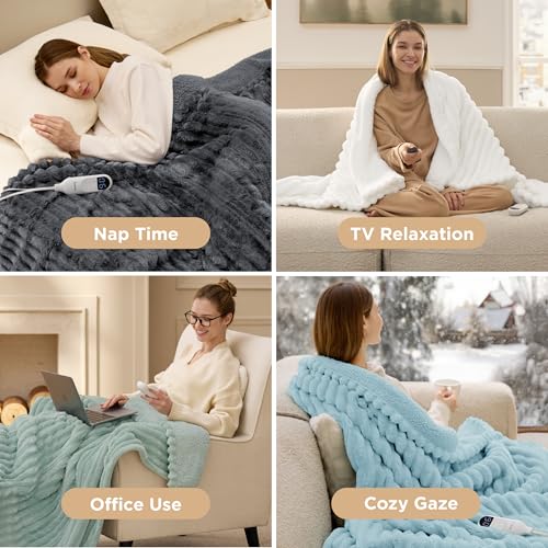 Image of Bedsure Electric Blanket Queen Size - Thick Striped Flannel Electric Blanket with Dual Control, Heating with 10 Heat Settings & 10 Time Settings, 8 hrs Timer Auto Shut Off (84x90 inches, Grey)