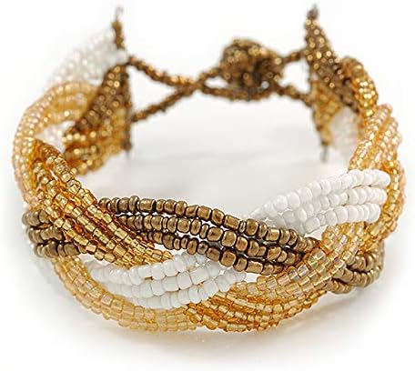 Avalaya White/Gold/Bronze Coloured Glass Bead Plaited Bracelet - 19cm L - Large, white / ivory, gold, bronze - Image 5