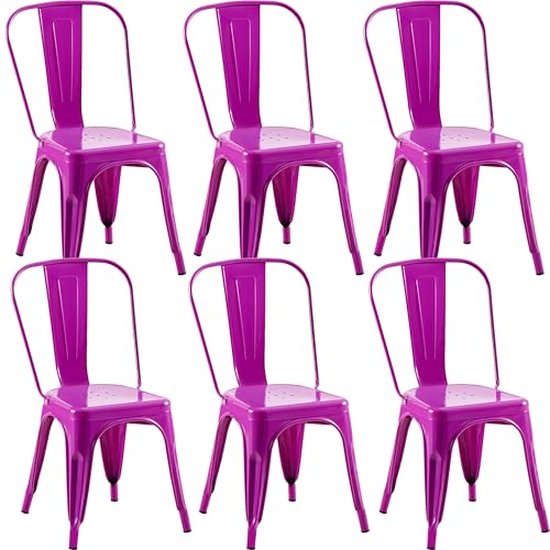 Image of Metal Dining Chairs with Backrest, Stackable, Purple, 6 Pack | Easy Assembly, Non-Slip Feet, 330 lb Capacity, Kitchen, Restaurant, Cafe, Pub, Covered Patio
