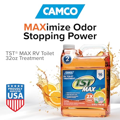 Camco TST MAX RV Toilet Treatment 32 oz. - Control Unwanted RV Sewer Odors & Break Down Waste and RV Toilet Paper - Biodegradable Septic Safe Formula - Orange Scent (41192)