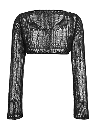 Image of Verdusa Women's Hollow Out Sheer Long Sleeve Sweater Knit Crop Pullover Top