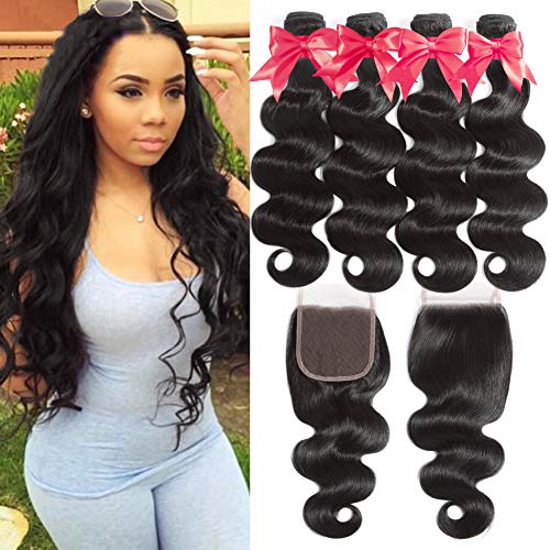 Flady 10A Brazilian Body Wave Hair 4 Bundles with Closure Unprocessed Virgin Human Hair Bundles with 4x4 Closure (18 20 22 24+16)