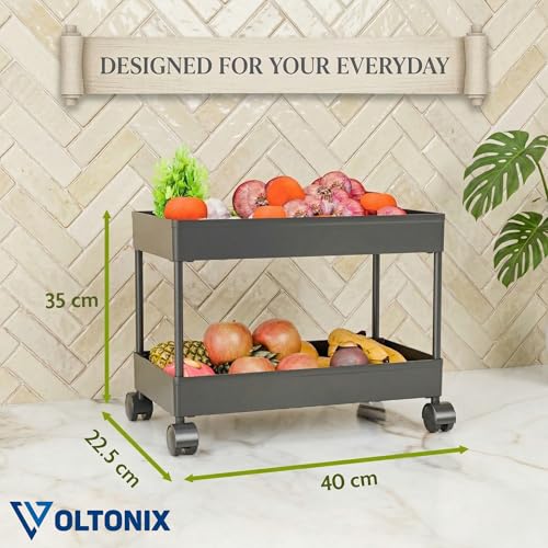Image of Kitchen Storage Trolley, Plastic Rack with Wheels, Lightweight, Rust-Proof, Space-Saving, for Vegetables, Fruits and Daily Essentials (Black, 2-leyer)