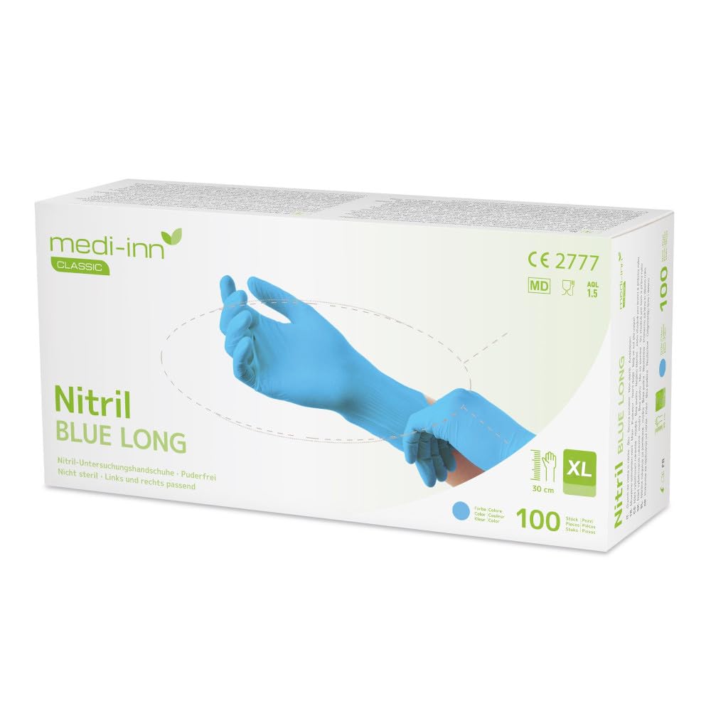 Medi-Inn+ 1000x Nitril Blue Long Einmalhandschuhe Blau, Nitrilhandschuhe Größe XL (10x100 Stk), extra lang 300 mm, puderfrei, latexfrei, PSA Kategorie III