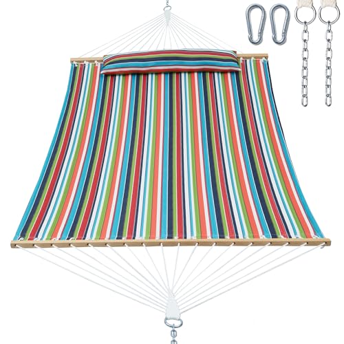 Image of GAFETE Hammock 2 Person Quilted Fabric Hammocks for Outside, Double 12ft Hammocks with Spreader Bar, Large Removable Pillow, Storage Bag, Carabiners, Max 475 lbs Capacity (Tropical)
