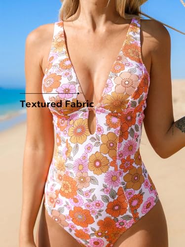 Image of CUPSHE Women's One Piece Swimsuit Deep V Neck Keyhole Cutout O Ring Textured Bathing Suit