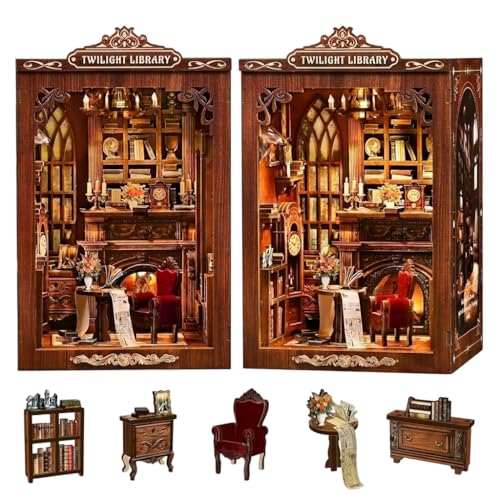 Image of PATPAT Book Nook Kit DIY Miniature House Kit with Vintage Fireplace, Bookshelves & Furnitur for Bookshelf Decoration & Creative Craft Assembly, Twilight Library Doll House Set for Kids 12*10.5*17.5cm