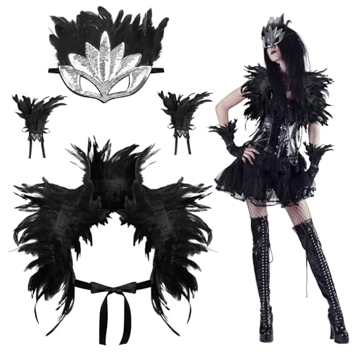 HONMOK 3 Pcs Maleficent Costume for Women, Black Feather Cape Shawl with Wrist Cuffs Mask, Gothic Accessories for Carnival, World Book Day, Halloween