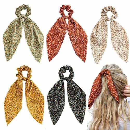 YIPFEN Set di 5 elastici per capelli floreali con lungo nastro decorativo elastico per donna e ragazza