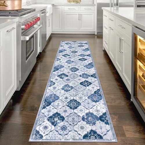 KILOCOCO 2x8 Runner Rug, Moroccan Super Soft Washable Hallway Entryway Runner Rug, Accent Print Faux Wool Kitchen Runner Rug 8 Feet Non-Slip Boho Rug Runner for Laundry Room Bedroom, Blue/Grey/Multi