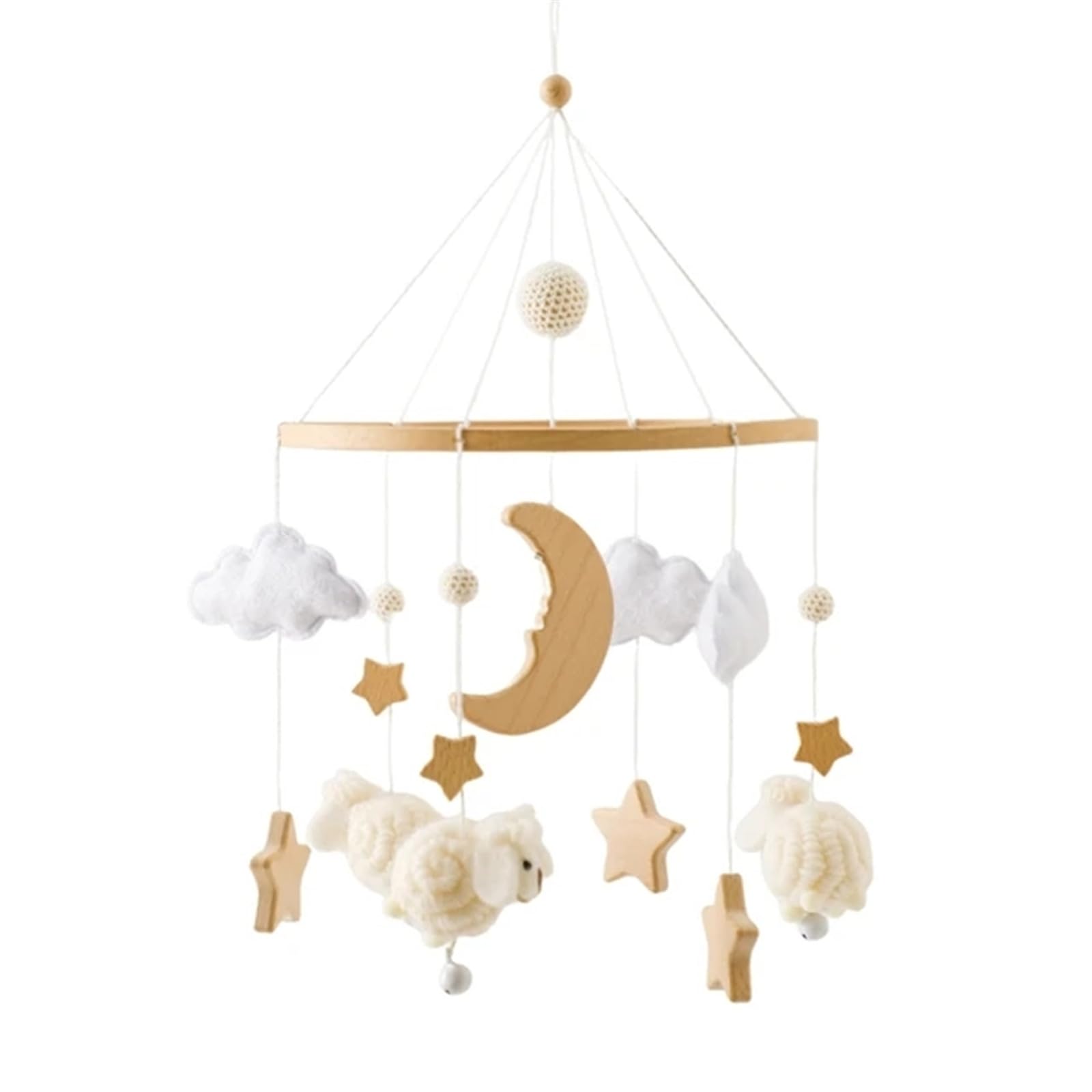 Tiere Mobile Baby Windspiele, Stern Mond Lamm Mobile Baby Holz mit Filzbällen, Mobile Baby Mädchen Bettglocke Anhänger für Babybett Jungen und Mädchen (Weiß)