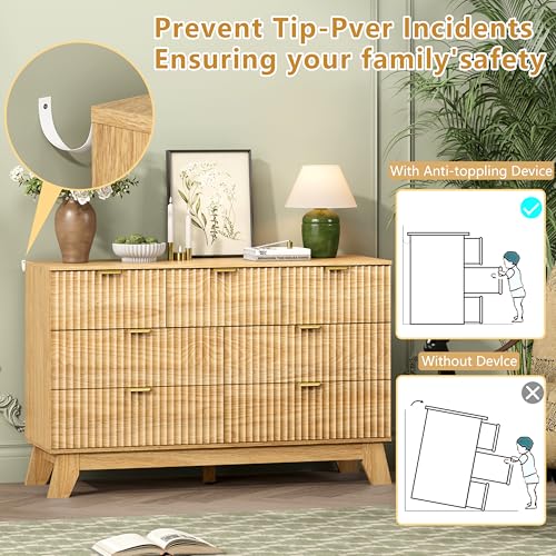Image of Wodeer 7 Drawer Fluted Dresser for Bedroom, Mid Century Modern Wooden Dresser with 7 Drawers, Dressers & Chests of Drawers with Metal Handle, TV Stand & Storage Organizer for Entryway, Hallway, Oak