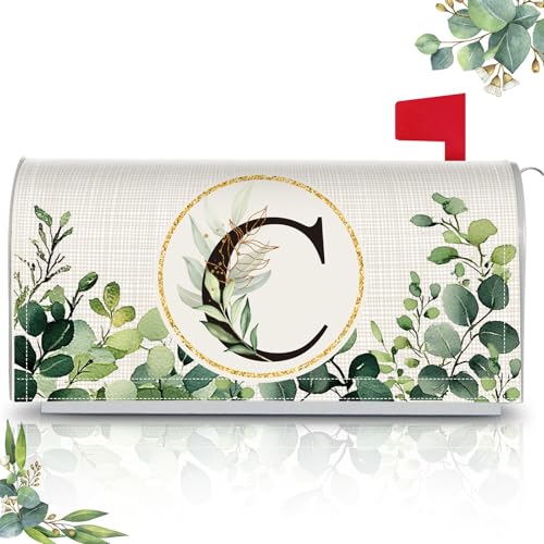 Image of Tiamon Monogrammed C Mailbox Covers Magnetic Eucalyptus Welcome Letter Box Wrap Standard Size 21x18 Inch Spring Summer Leaves Mailbox Decor Eucalyptus Letter Numbers Decoration for Outdoor Garden Yard