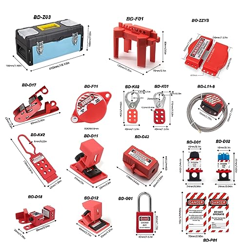47Pcs Elektrisches Lockout Tagout Kit, Sicherheits-Vorhängeschlösser Loto-Tags-Lockout-Set mit 12 Stück Sicherheitsetiketten und Werkzeugkasten Kabelbinder Kugelventil Stahlkabel
