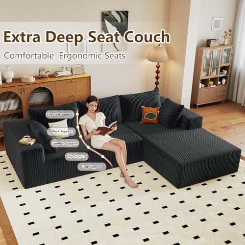 Image of 96 inch Modular Sectional Couch, Boneless L Shaped Cloud Sofa with Chaise Lounge, Corduroy Upholstered Couches Memory Foam Deep Seat, No Assembly Required, Ideal for Living Room(Black, Right Facing)
