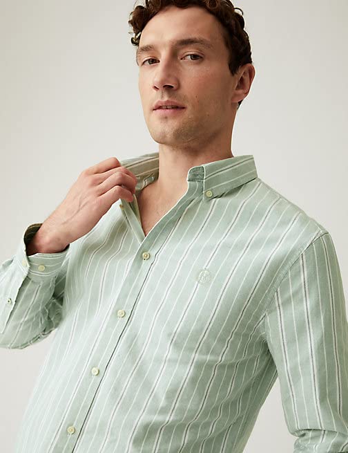 Image of Marks & Spencer Mens Striped Cotton Collared Neck Regular Fit Oxford Shirt
