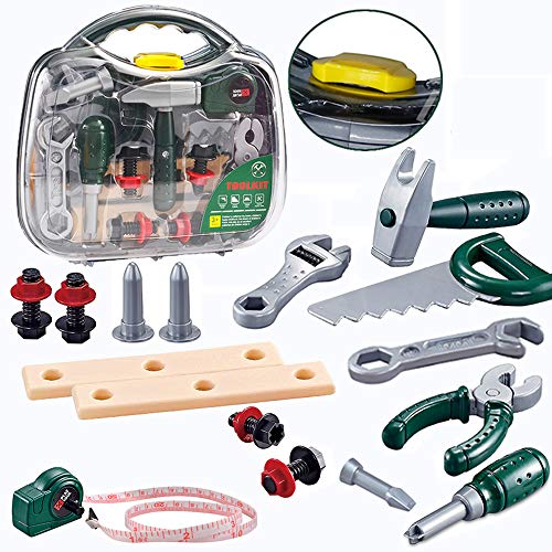 KEJIH Toys Tool Box for Kids 20PCS Educational Tool Kit Pretend Play for Children.Tape Measure,Hammer, Screwdriver, Wrench, Pliers. Realistic Tools with A Handy Box and Portable Durable for All Ages