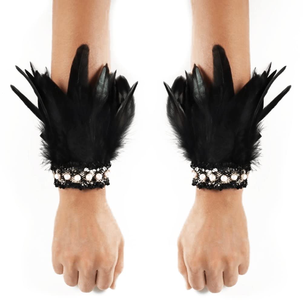 Haowul Natural Feather Wrist Cuffs 2pcs Handmade Feather Pearl Bracelet Gothic Feather Wrist Cuffs Halloween Feather Wristband