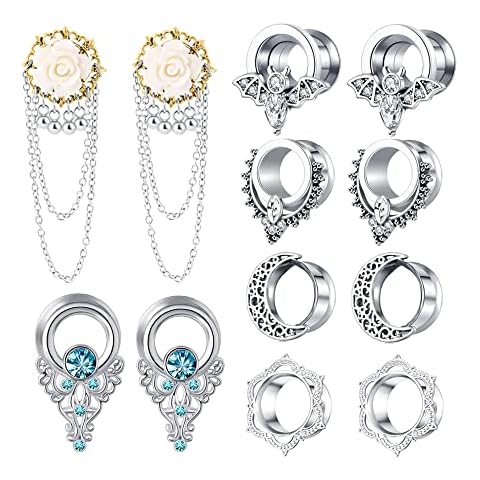 TIANCI FBYJS 6 Pairs Surgical Steel Dangle Plugs For Women Ear Gauges For Men Earrings Tunnels Stretcher Piercing Plugs Flower 9/16 (14mm=9/16'') Cover