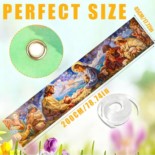 Image of Peaceful Winter Village Banner 78.7 x 17.7 Inch Family Scene in Snowy Landscape Cozy Cabin Design for Holiday Home Garden Fence or Indoor Wall Display Seasonal Decoration