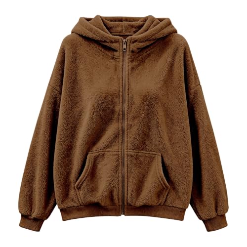 Sherpa Fleece Jacket Women Casual Warm Cozy Full Zip Hooded Coats Coffee - image 5